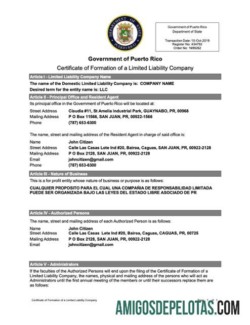 Certificado de constituição de uma empresa de responsabilidade limitada de Porto Rico para download, modelo Word e PDF, versão 2